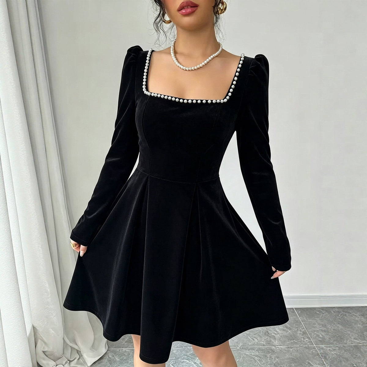 Women Clothing French Vintage Velvet Square Collar Dress Women Pearl Trim Waist Slimming A line Dress DestGlow