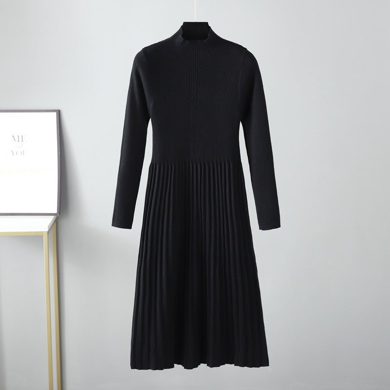 Autumn Winter Dress Solid Color Half Collar Thick below the Knees Mid Length Tight Waist Dress Soft Soft by Ragazza