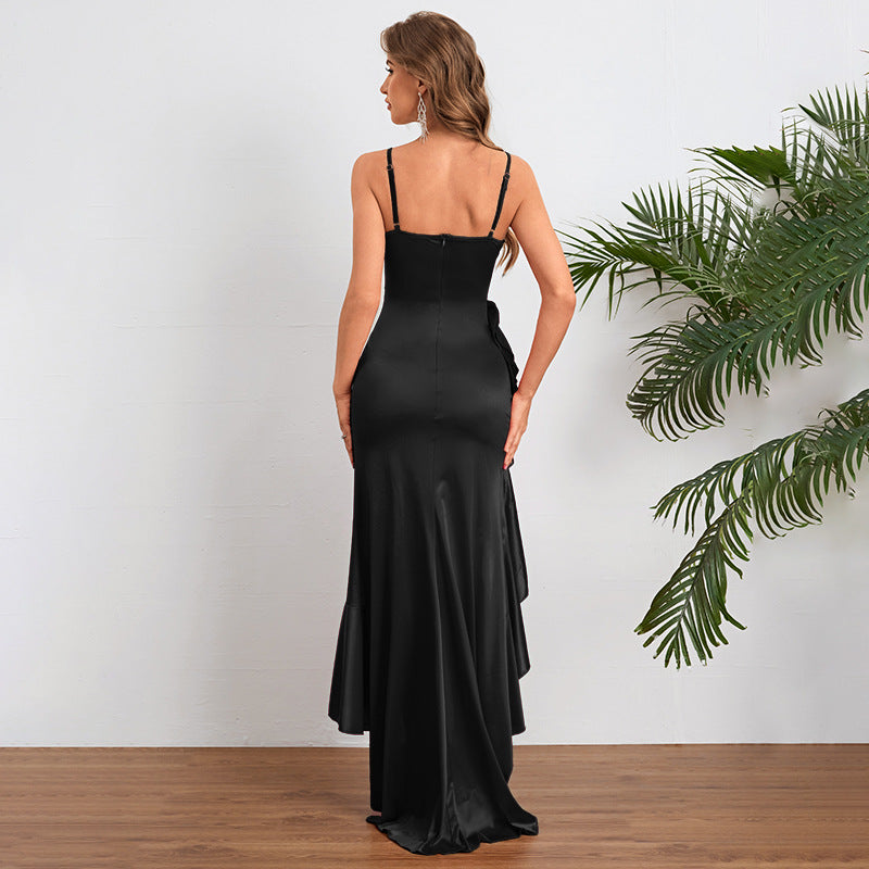 Women Autumn Slit Sexy Spaghetti Strap Ruffle Dress by Ragazza