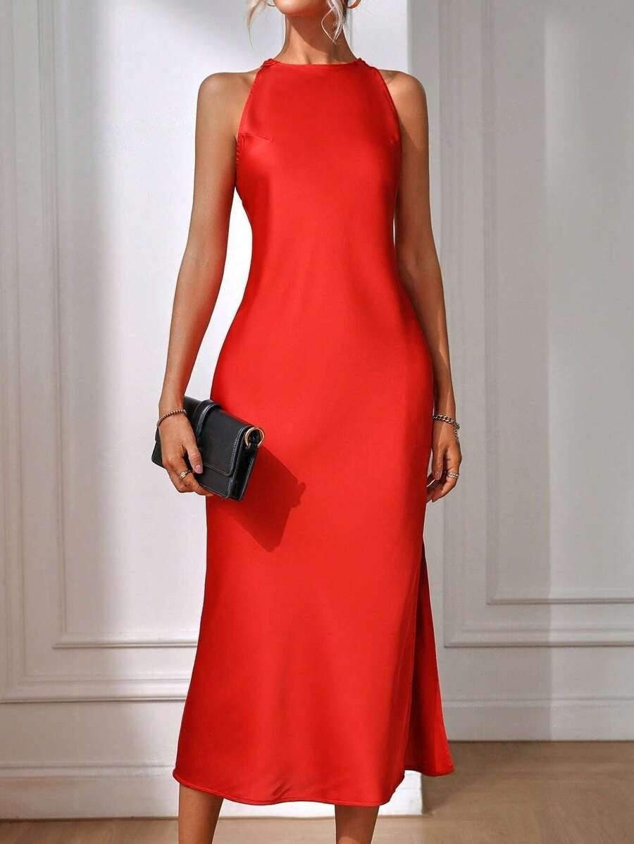 Satin Dress Women Clothing Spring Summer Sleeveless Split Satin Imitation Silk Maxi Dress
