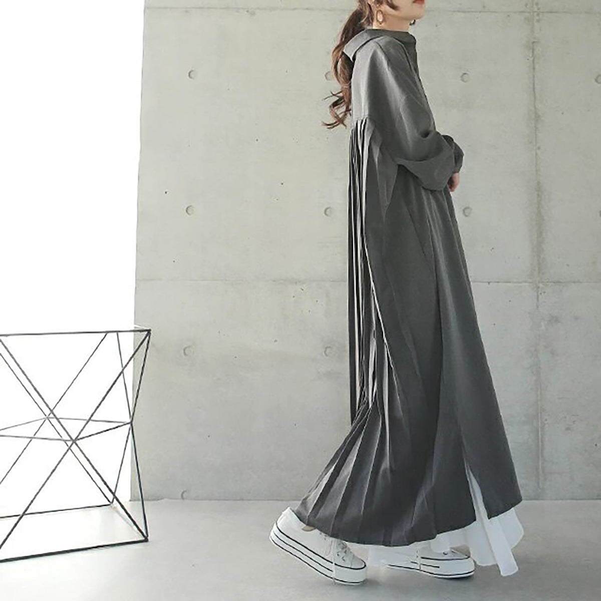 Spring Autumn Loose Overknee Dress Women Casual Large Version Back Pleated Long Shirt Dress by Ragazza