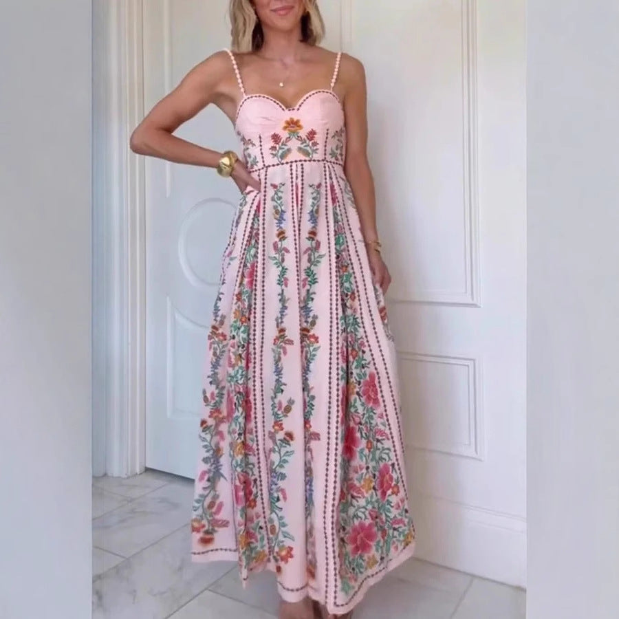 Sexy Decorative Beads Sling Positioning Print Holiday Dress Women by Ragazza