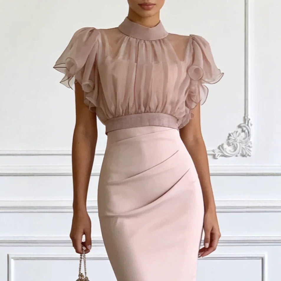 Fashionable Sheer Mesh Lace up Waist Controlled Top Strap Sheath Dress DestGlow