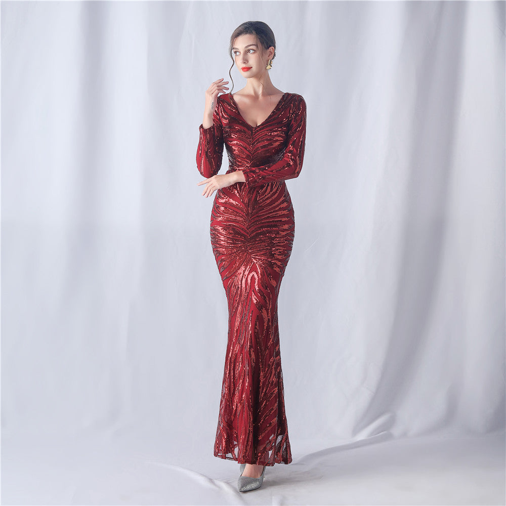 Positioning Floral Cutting Craft Magic Color Sequin Annual Meeting Wedding Long Sleeve Evening Dress by Ragazza