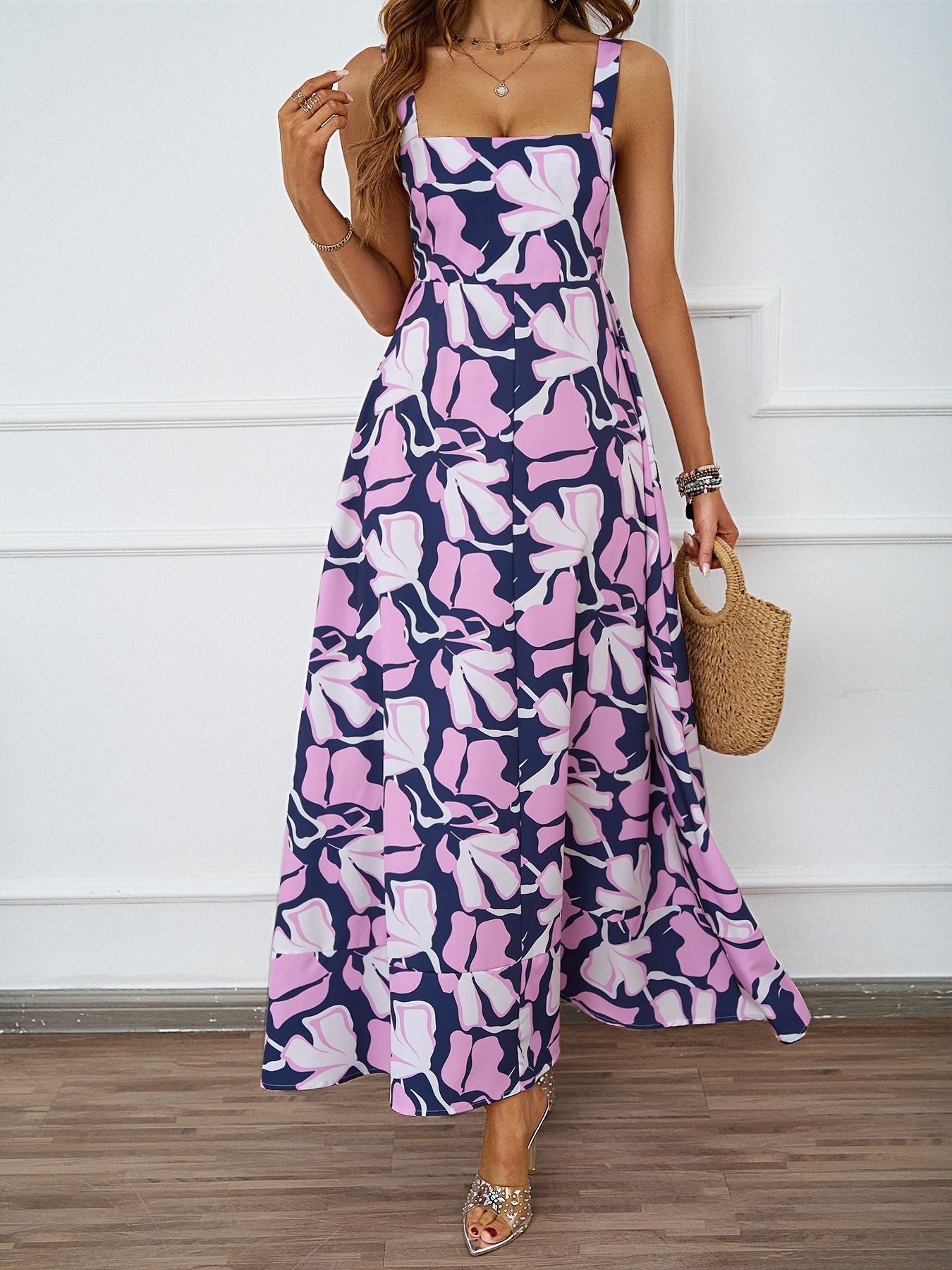 Women Clothing Summer Casual Strap Elegant A line Dress Floral Printed Dress by Ragazza