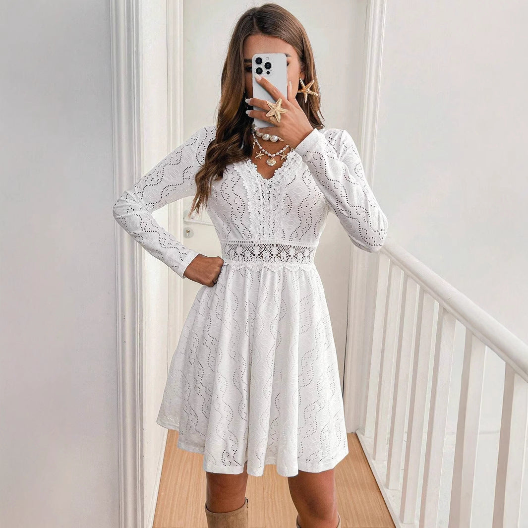 Elegant Women Solid Color Lace Patchwork Mini Holiday Dress Scallops Sundress by Ragazza