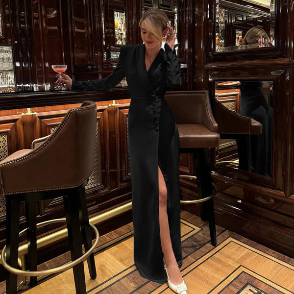 Spring Autumn Party Dress Women V neck Long Sleeve High Waist Split French Dress by Ragazza