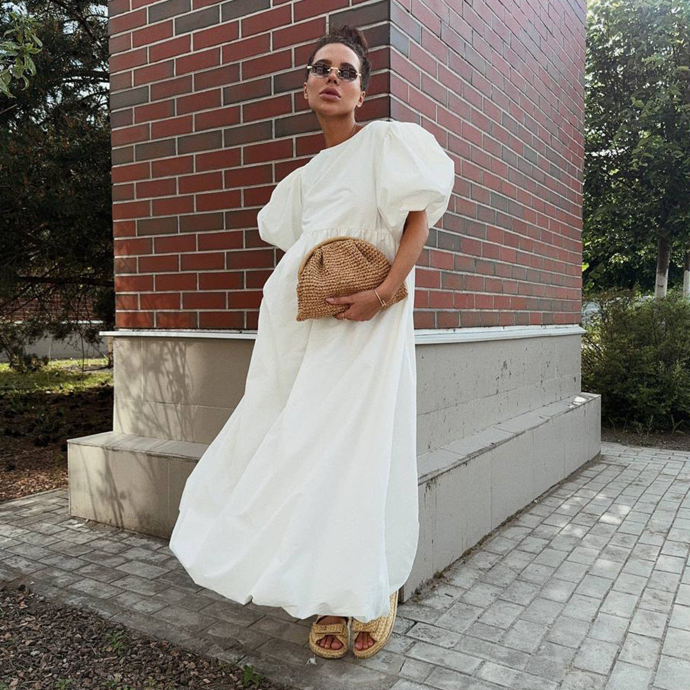 Cotton round Neck Puff Sleeve Dress Spring Summer Solid Color Loose Casual Dress for Women by Ragazza