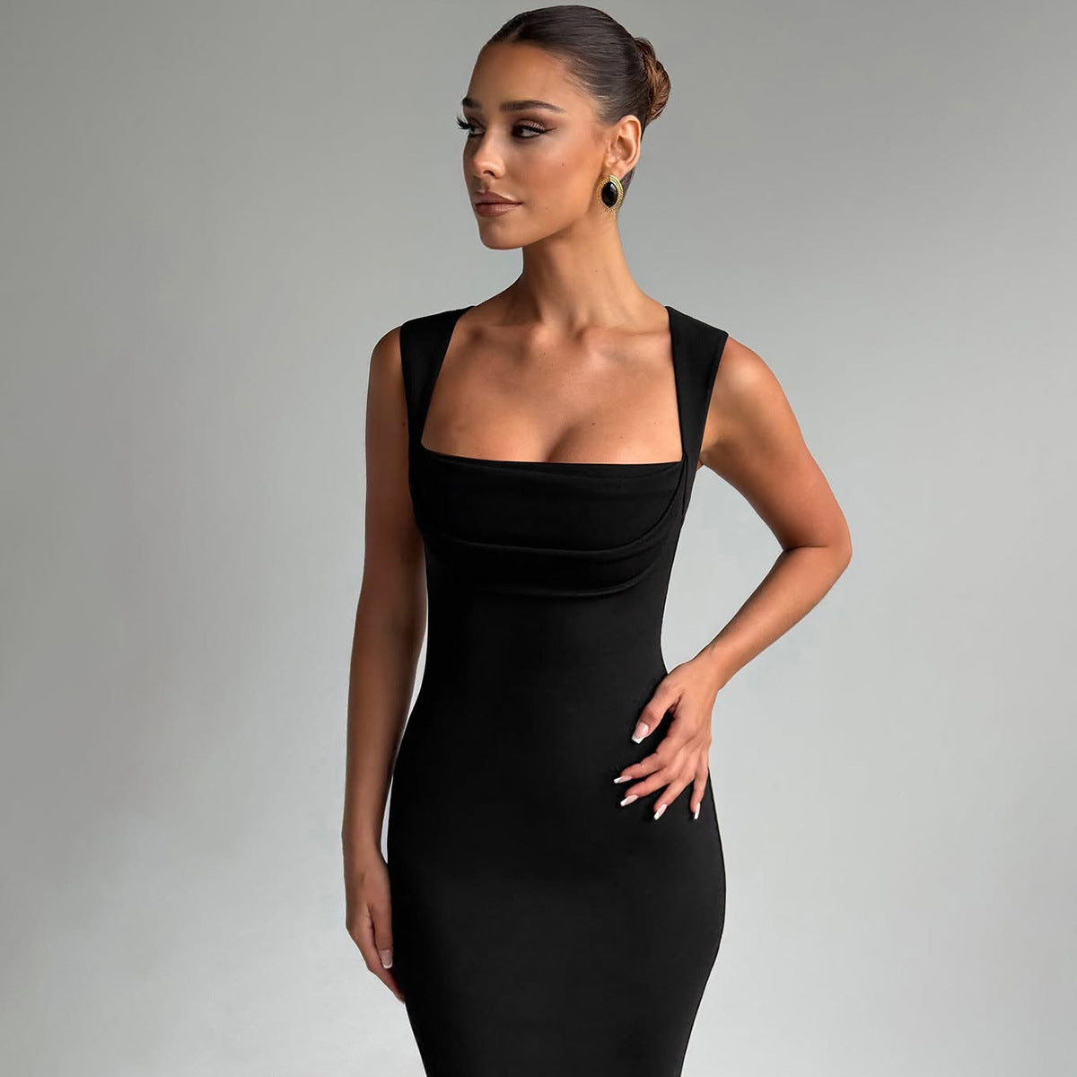Women Clothing Spring Summer Slim Fit Square Collar Sleeveless Waist Slimming Dress by Ragazza