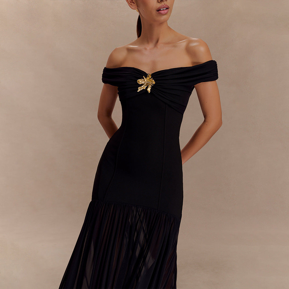 Elegant Tube Top Ladies Dress Sexy Mesh Stitching Backless Pleated Slim Fit Maxi Dress DestGlow