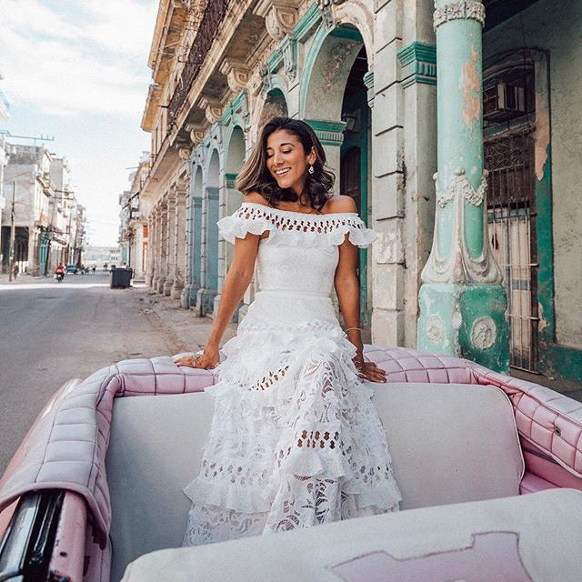 Summer Women Clothing off Shoulder Ruffled Hollow Out Cutout Wide Hem Lace Long Dress by Ragazza