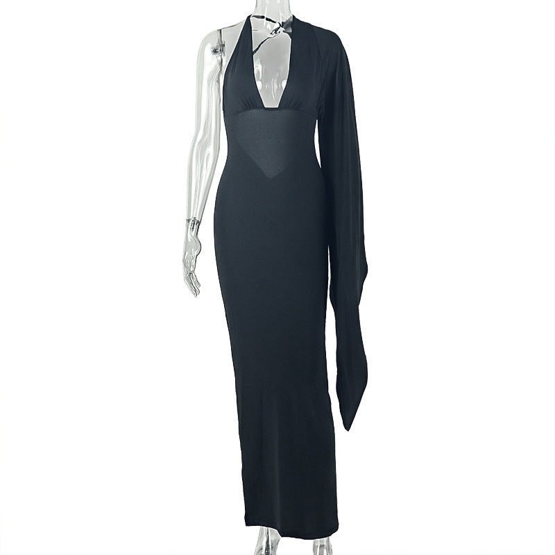 Solid Color Backless Sexy Women Clothing Asymmetric Hip V neck Long Sleeve Party Dress DestGlow