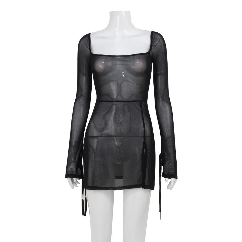Summer Women Clothing Refreshing Slim Fit Square Collar Sexy Mesh See through Beach Cover Up Slim Fit Sexy by Ragazza