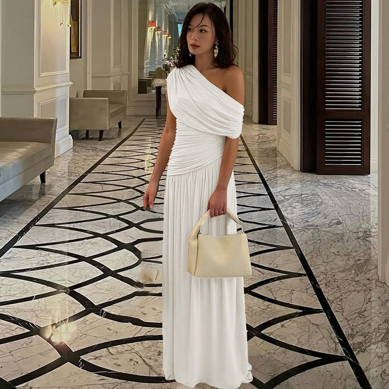 Women Clothing Spring Arrival Fashionable Sexy Diagonal Collar Pleated Asymmetrical Solid Color Dress DestGlow