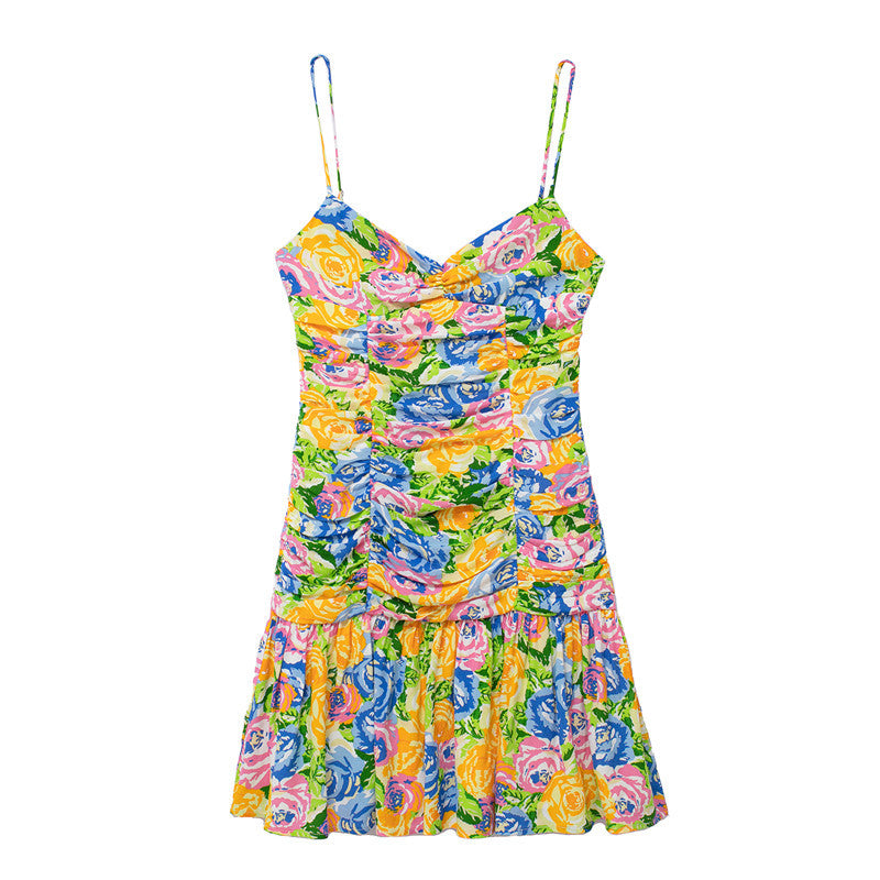 Summer Small Fresh V neck Yellow Printings Pleated Dress for Women by Ragazza