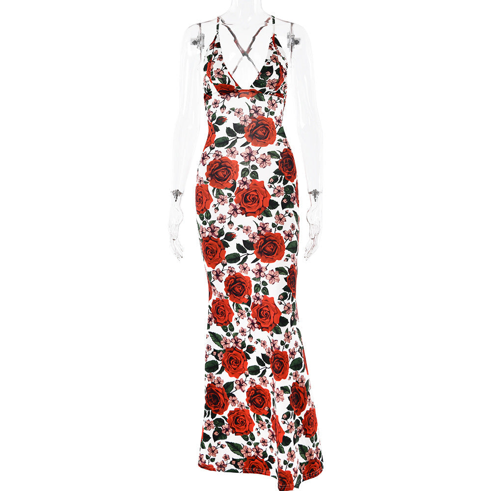 Summer Spaghetti Straps Sleeveless Dress Sexy Printed Backless Slim Fit Dress by Ragazza