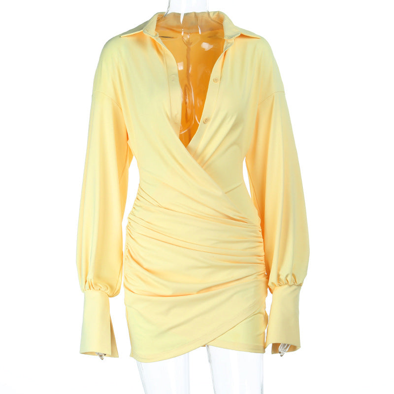 Sexy Deep V Plunge neck Pleated Hip Shirt Dress Women Sexy Dress DestGlow