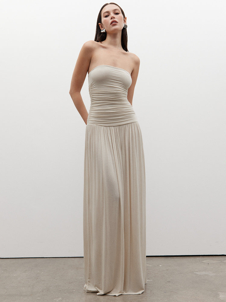 Women Clothing Solid Color Sleeveless Backless Slim Fit Pleated Tube Top Maxi Dress by Ragazza