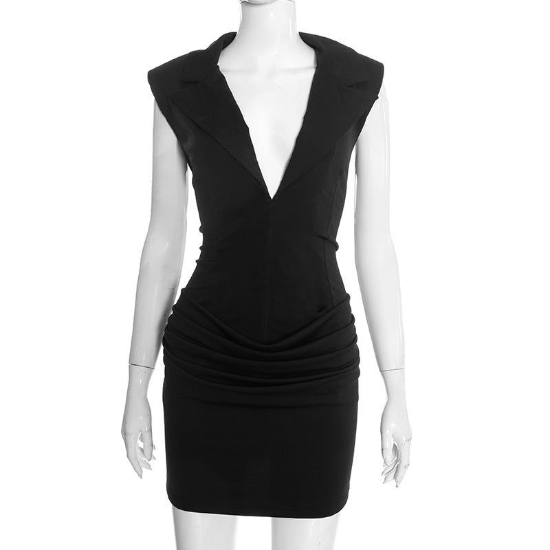 Women Clothing Winter Solid Color Waist Tight Slim Fit Elegant Sexy Sleeveless Sheath Dress by Ragazza