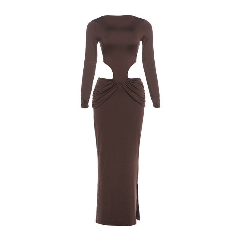 Autumn Winter Women Solid Color round Neck Hollow Out Cutout Sexy Slim Fit Side Slit Long Sleeve Dress by Ragazza