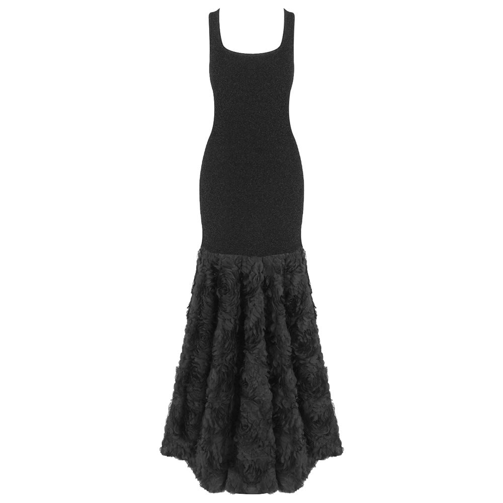 Elegant Black Shiny Silver Silk Fabric Rose Floral Dress Slim Fit Sexy Waist Trimming Sleeveless Light Gift Dress by Ragazza
