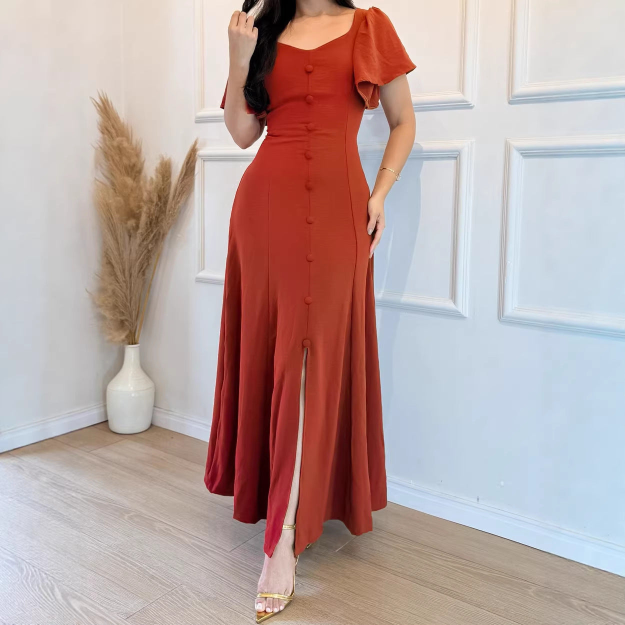 Women Ruffle Sleeve Waist Trimming Casual Elegant Button Split Dress by Ragazza