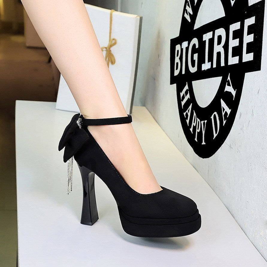 French Wind Black Cocktail round Head Super High Heel Platform Women Shoes Back Bow Rhinestone Shoes DestGlow