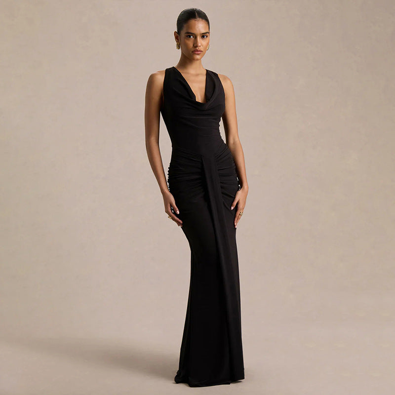 Women Clothing Sexy V neck Slim Fit Pleated Design High Sense Elegant Evening Dress by Ragazza