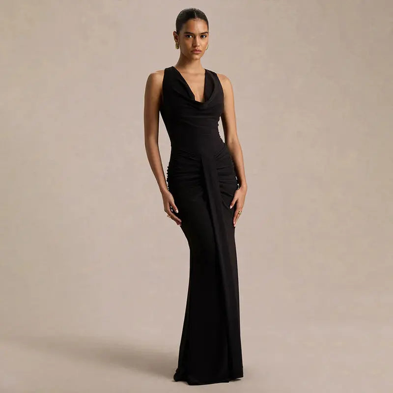 Women Clothing Sexy V neck Slim Fit Pleated Design High Sense Elegant Evening Dress