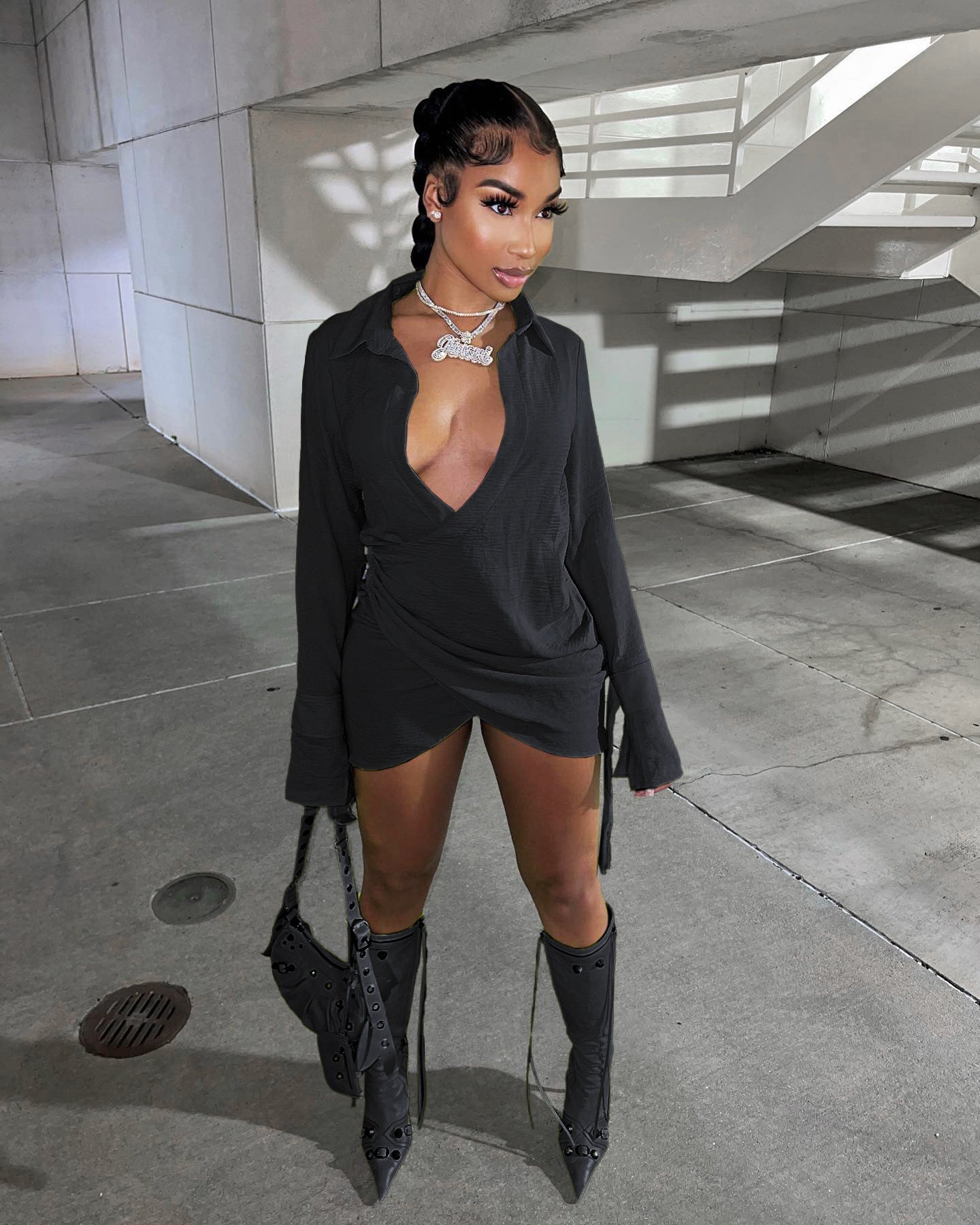 Fall Wome Clothing Sexy Pleated Criss Cross Shirt Dress Women Clothing by Ragazza