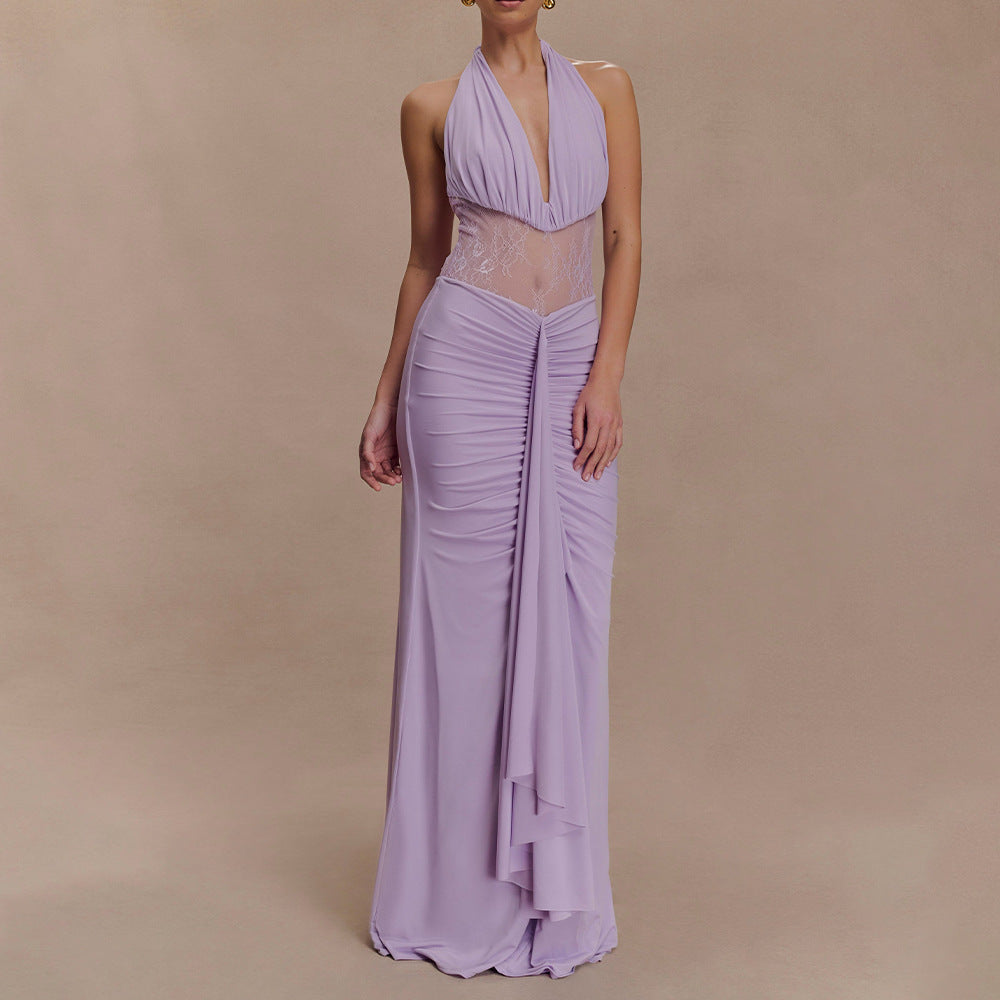 Elegant Deep V Plunge Halter Waist Slimming Maxi Dress Sexy Hollow Out Cutout out Backless Ribbon Dress by Ragazza