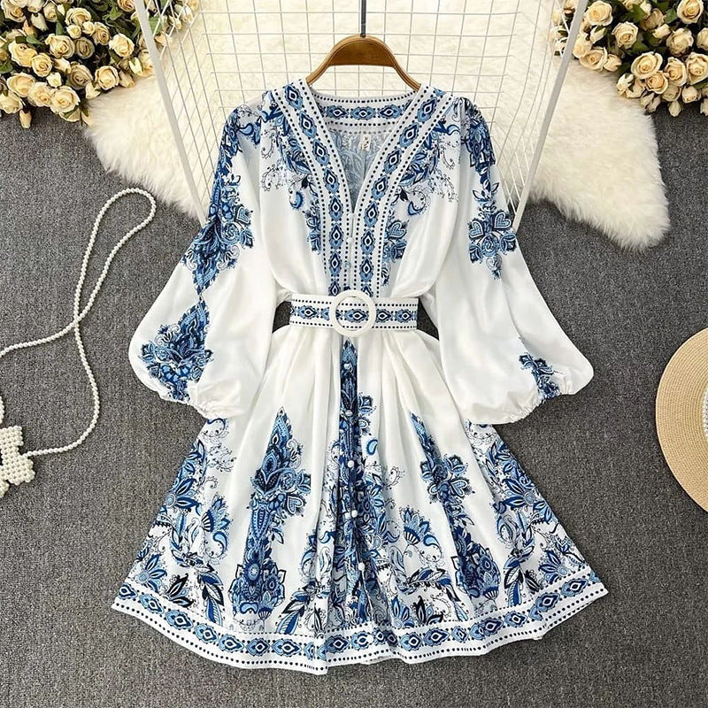 Spring Women Fashionable V neck Long Sleeve Bohemian Printed Dress by Ragazza