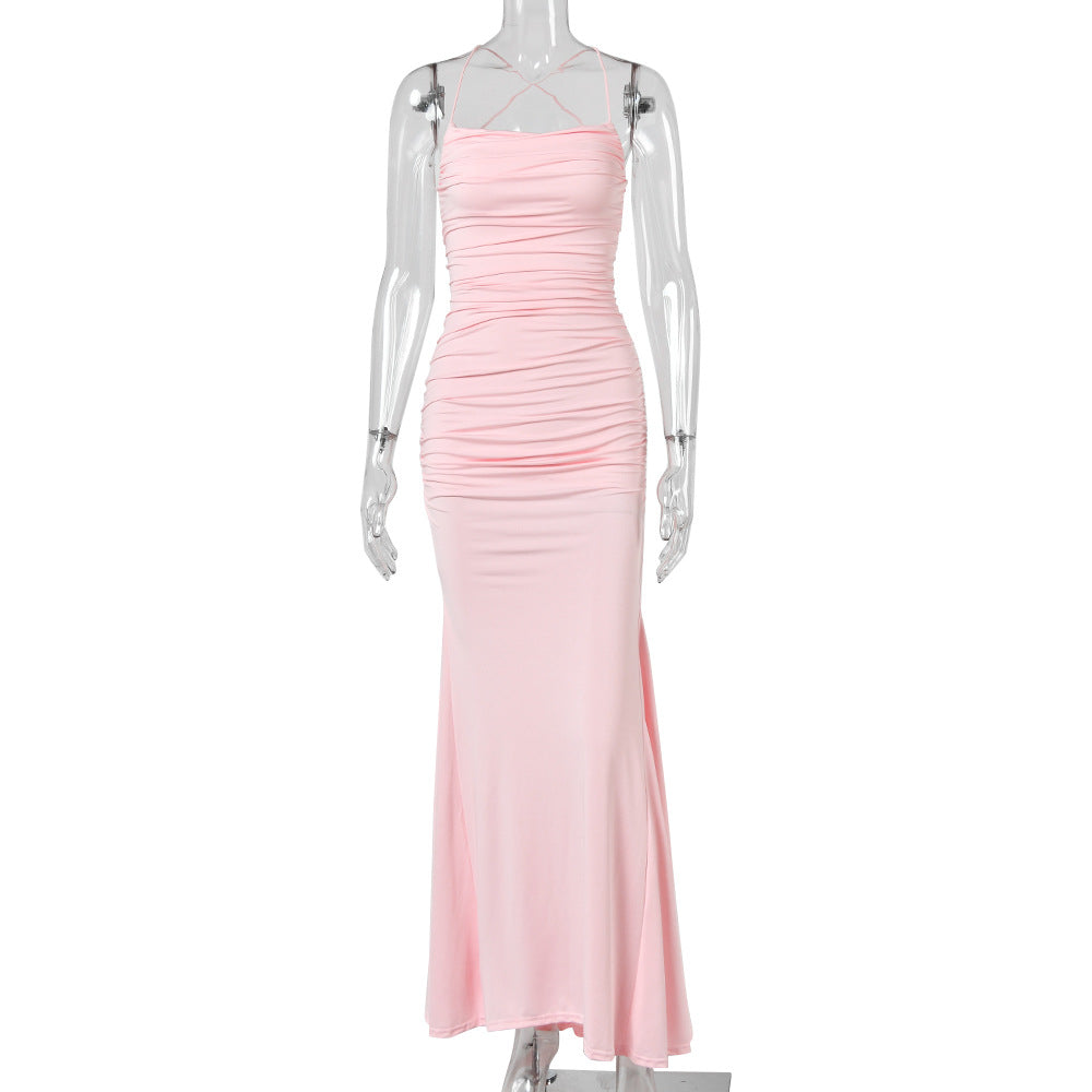 Cocktail Dress Summer Lace up Design High Grade Sexy Solid Color Tube Top Backless Dress DestGlow