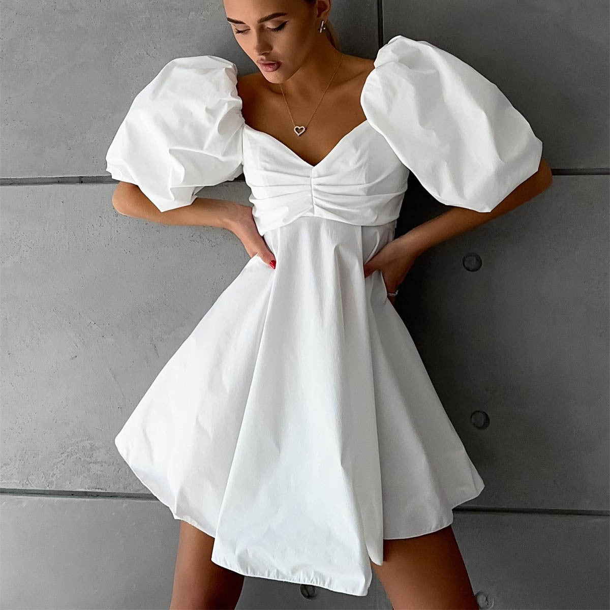 Off Neck Short Dress for Women Summer Puff Sleeve High Waist A line Dress French Princess Dress for Women by Ragazza