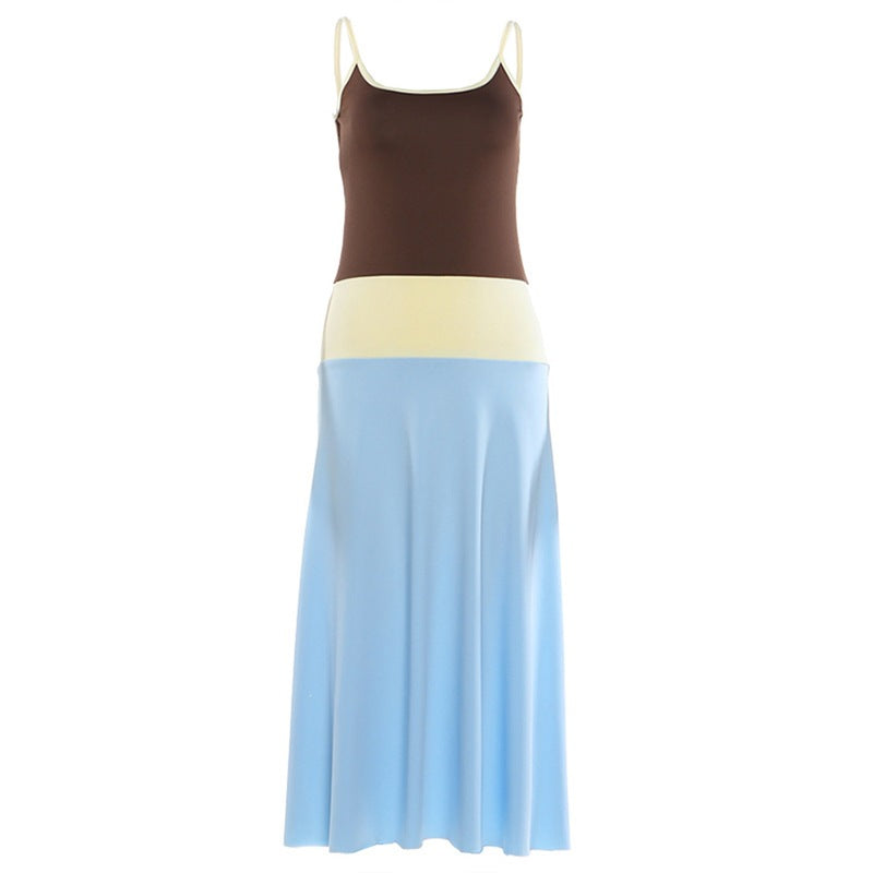Summer Women Clothing Slim Fit Trend Sexy Color Block Strap Low Collar Dress for Women DestGlow