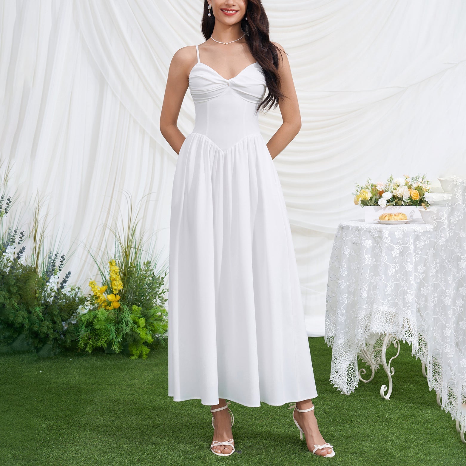 Women Sexy V neck Backless Waist Trimming Slimming Smocking Dress DestGlow