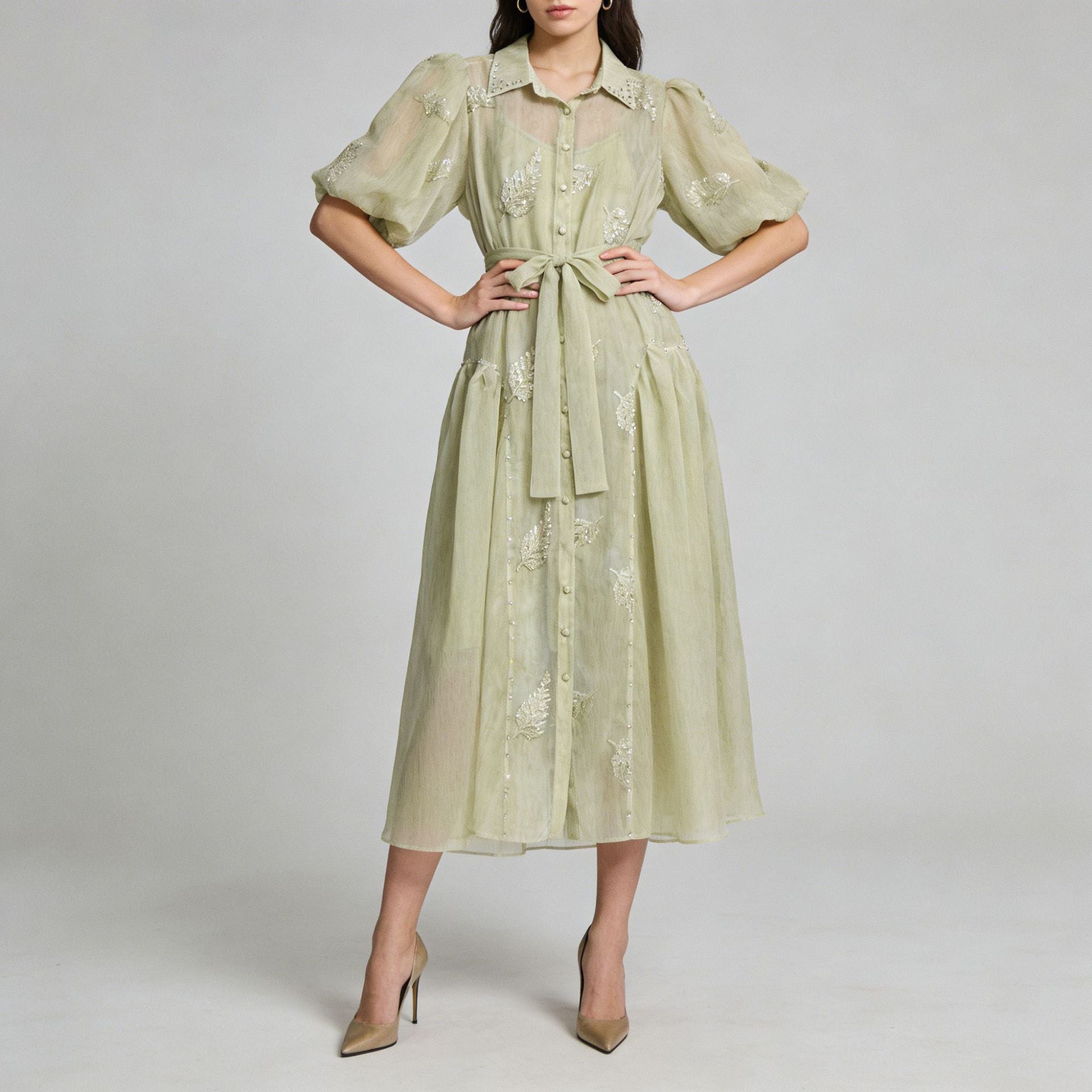 Spring Puff Sleeve Solid Color Waist Tight Collared Patchwork Maxi Dress Two Piece Elegant Dress for Women by Ragazza