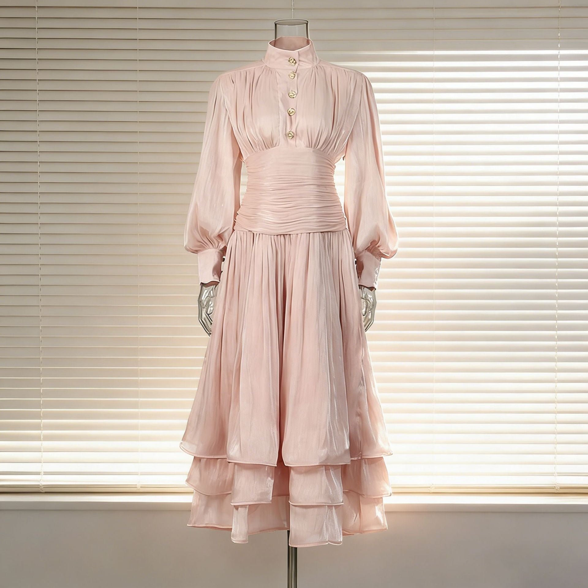 Spring Elegant Retro Lantern Sleeve Breasted Ruffled Maxi Dress Waist Slimming Dress by Ragazza