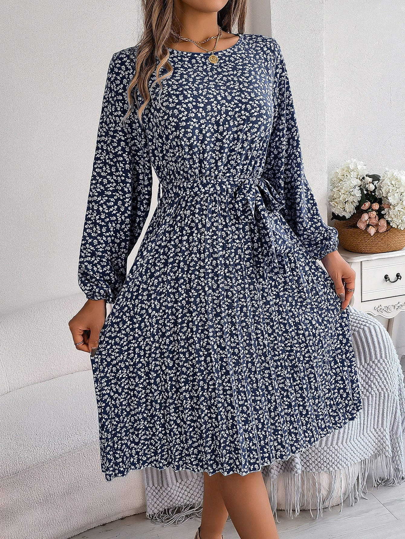 Spring Summer Casual Long Sleeved Floral Large Hem Pleated Women Clothing by Ragazza
