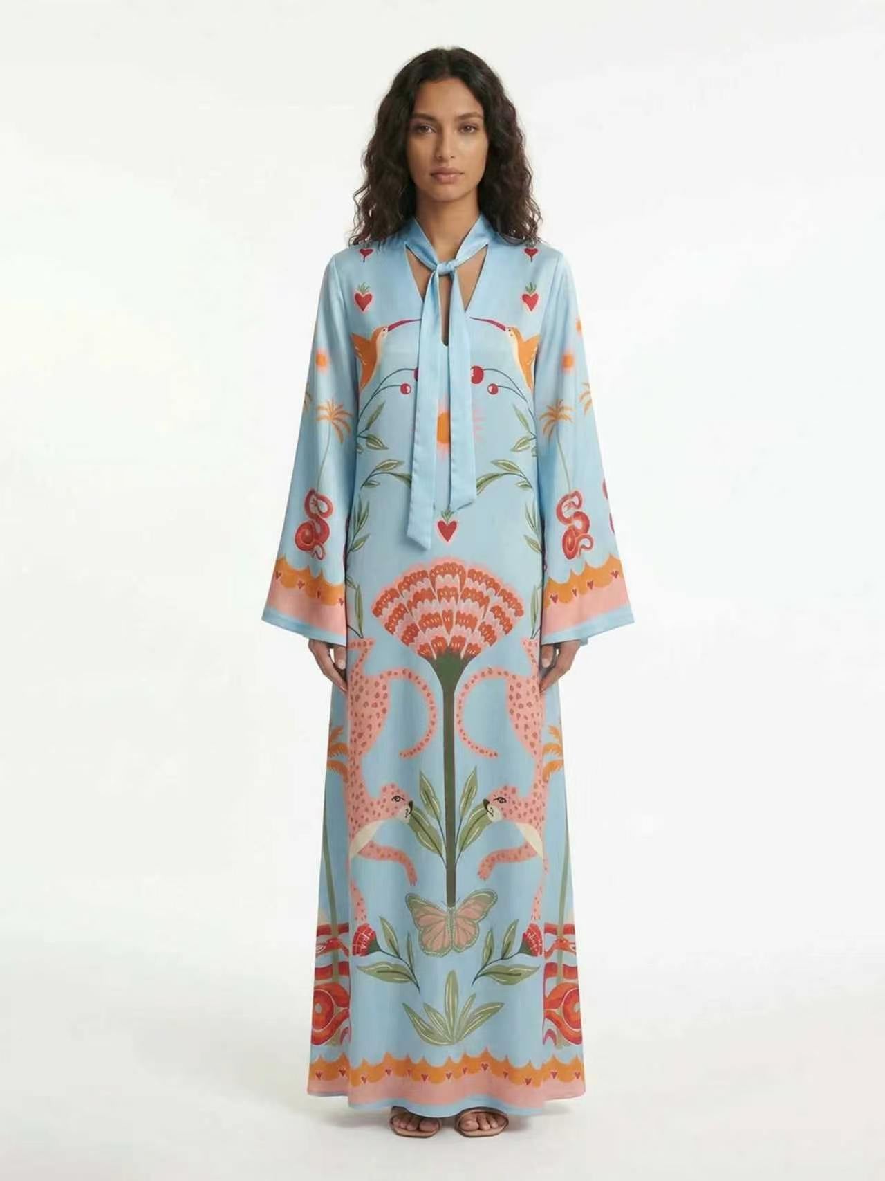 Spring Summer Satin Positioning Printed Dress Loose Streamer Long Sleeve Dress DestGlow