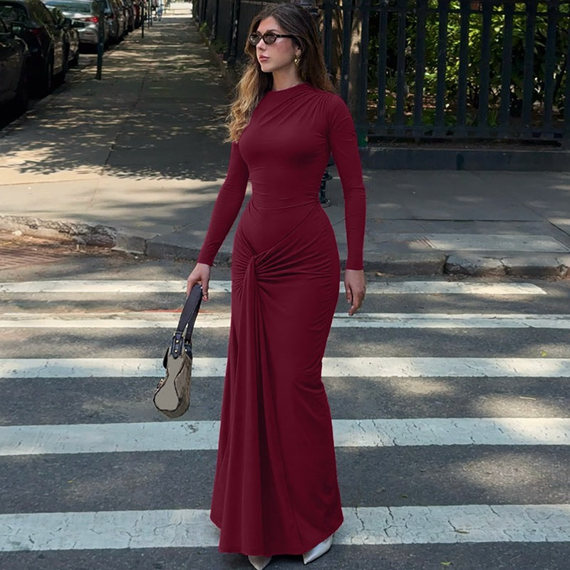 Women Clothing Summer Waist Controlled Lace up Sheath Dress Solid Color Slim Fit Long Sleeves Dress by Ragazza