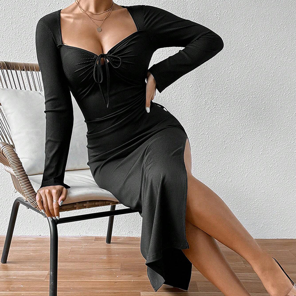 Women Clothing French Elegant Socialite Dress Autumn Winter Square Collar Sexy Slit Slim Midi Dress by Ragazza