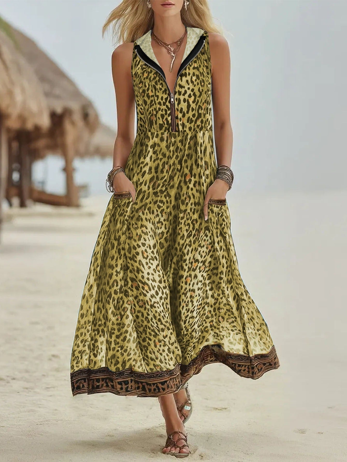 Casual Leopard Print Printed Dress Hooded Zipper Pocket Beach Dress DestGlow