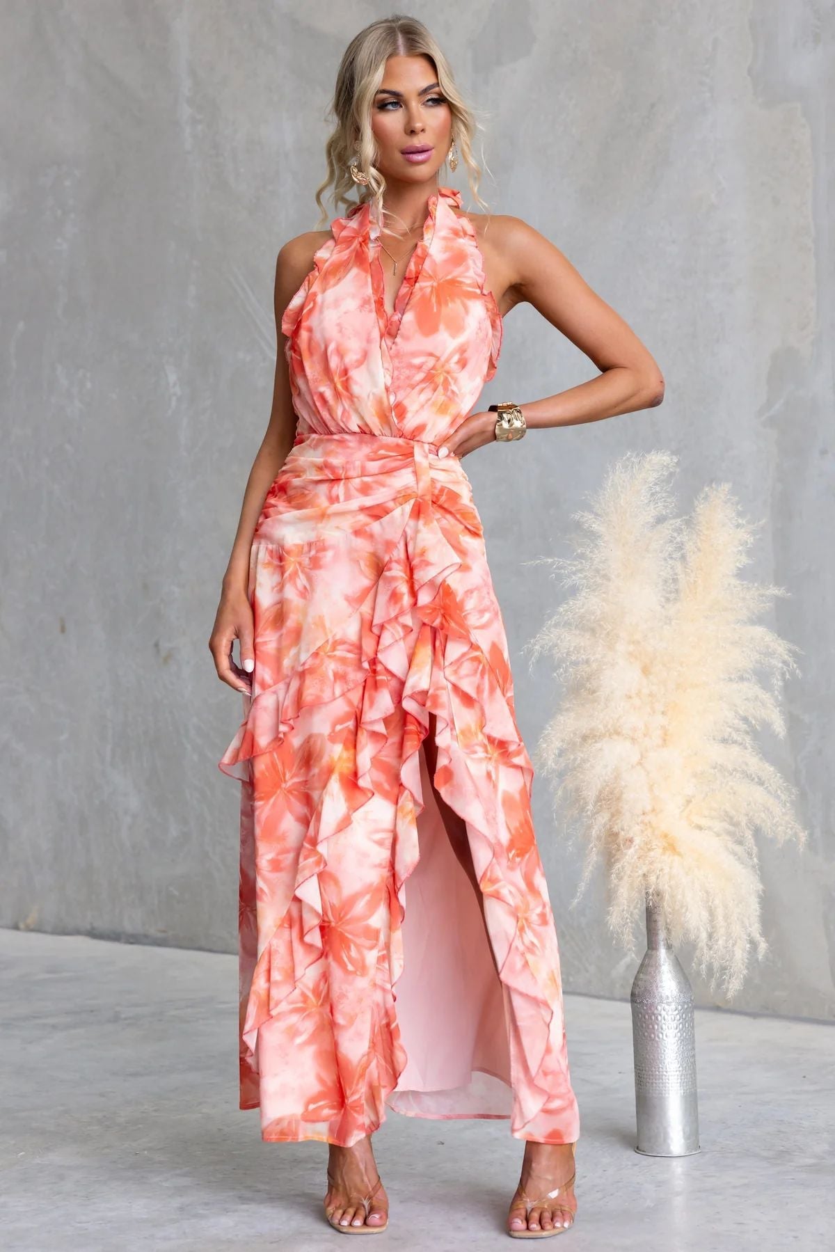 Printed Sexy V neck Backless Halter Fashionable Stringy Selvedge Dress by Ragazza