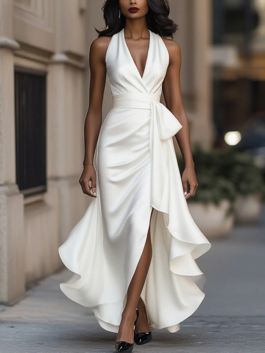 Satin Deep V Plunge neck Sleeveless Waist Trimming Ruffles Elegant Dress for Women by Ragazza