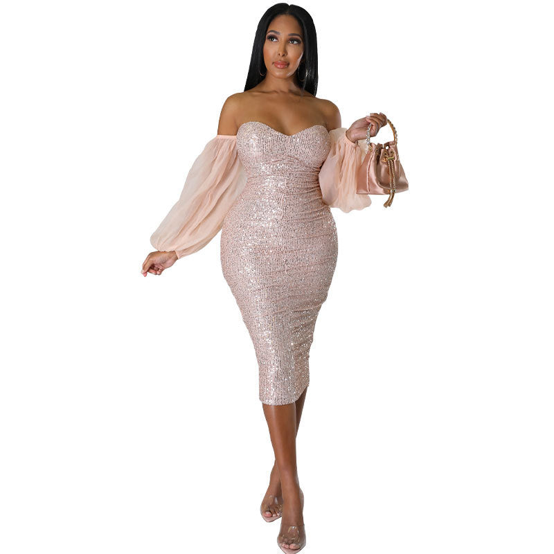 Women Clothing Sexy French Long Sleeve Dress Slim Fit Sequin Hip Tight Sexy by Ragazza