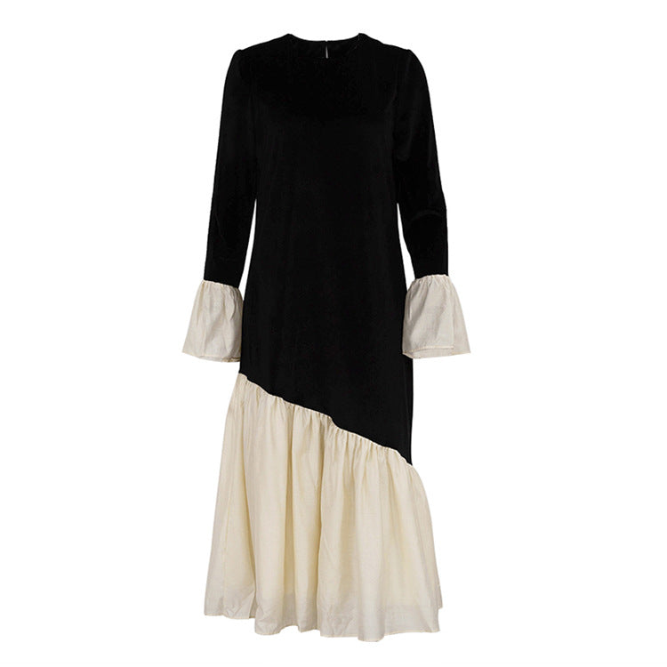 Korean Velvet Autumn French Stitching round Neck Flared Sleeves Dress Loose Maxi Dress Women Clothing by Ragazza