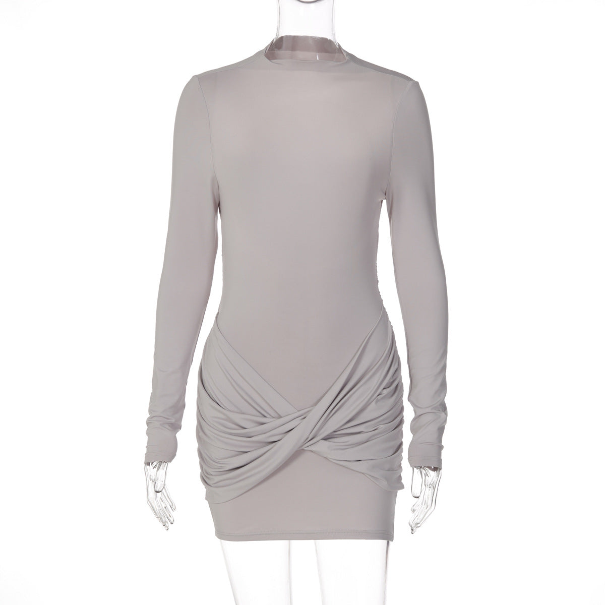 Women Clothing Solid Color Long Sleeve round Neck Pleated Slim Fit Backless Dress for Women by Ragazza