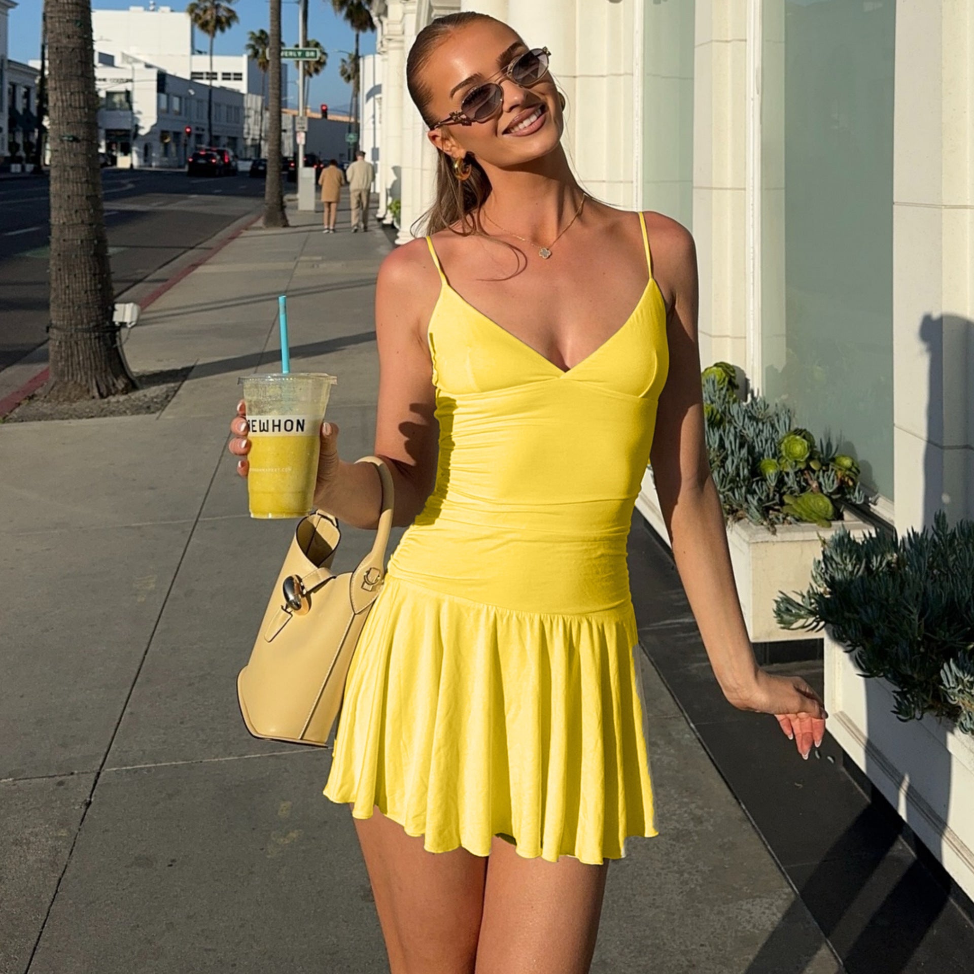 Summer Women Clothing Sexy Deep V Plunge Sling Slim Sheath Pleated Dress by Ragazza
