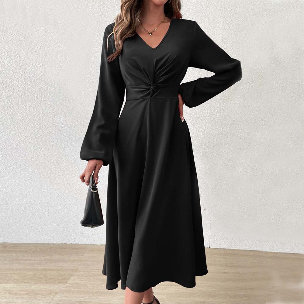 French Adult Lady like Woman V neck Dress Autumn Winter Elegant Elegant A line High Waist Midi Dress by Ragazza